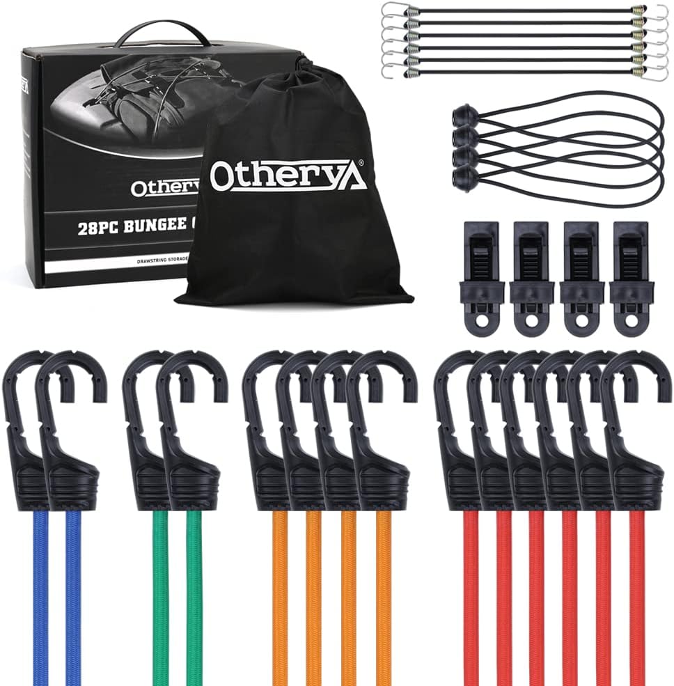 Otherya Bungee Cords Premium Heavy Duty Outdoor 28PC Flat Bungee Cords Tie Downs Ball Bungees Tarp Clips Latex Bungie Cord Straps