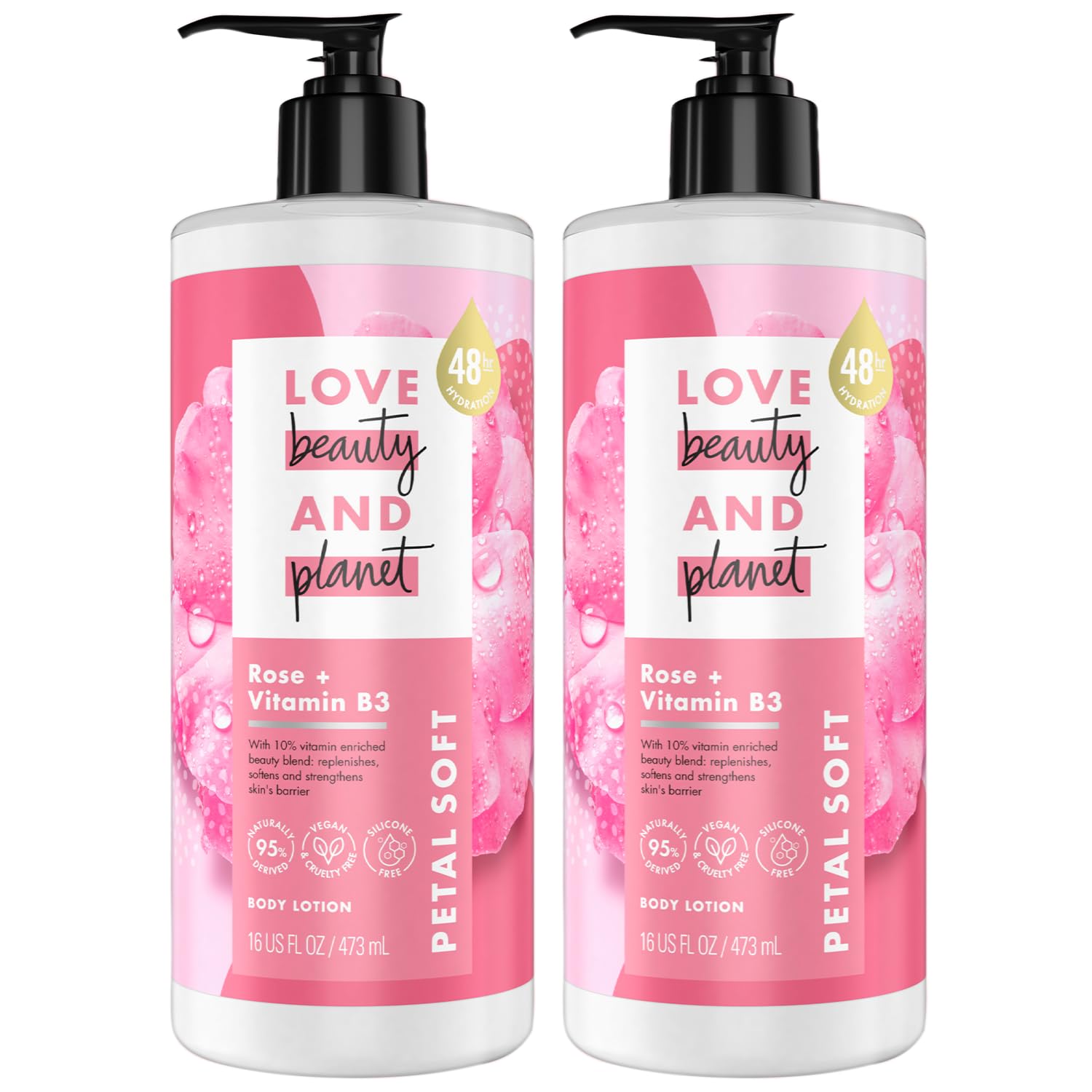 Love Beauty And Planet Lotion - Moisturizing Rose Lotion  Vitamin B3, Natural Body Lotion for Women, Dry Skin Lotion Scented with Rose Extract, 16 Fl Oz Pack of 2