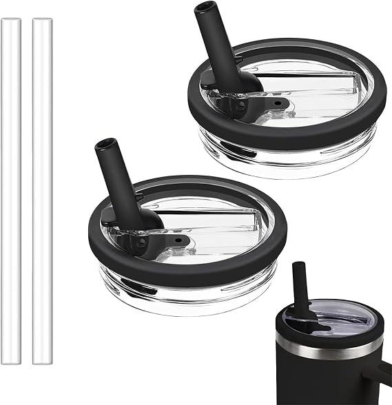 2 Pack 40 ozFlip Straw Lid Replacement for Tumbler, Spill Proof Leakproof Tumbler Lid Compatible with Stanley Cup Accessories (Black)