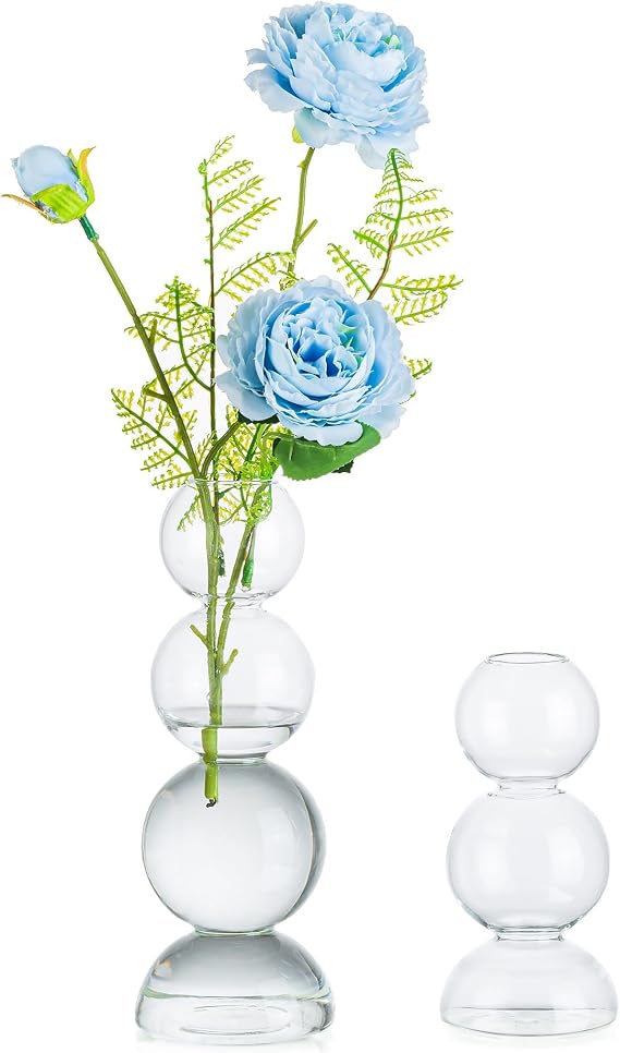 Glasseam Unique Flower Vase Set of 2, Cute Small Glass Vases for Flowers, Modern Clear Vases for Decor, Aesthetic Single Bud Vase, Round Decorative Bubble Ball Vase for Dining Table Decorations