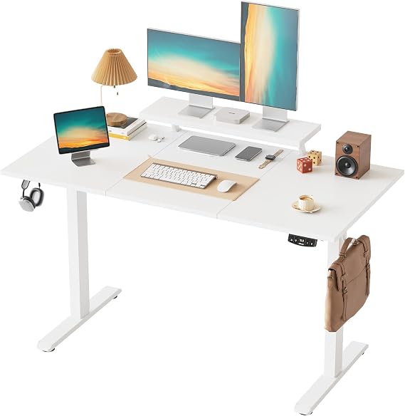 Klicelor Eletric Height Adjustable Desk, Movable Monitorstand, 140x60cm | 72-116cm Height, Standing desk with 2 Memory Buttons, Sit Stand Computer Desk for Home Office, 3 pcs Desktops, White