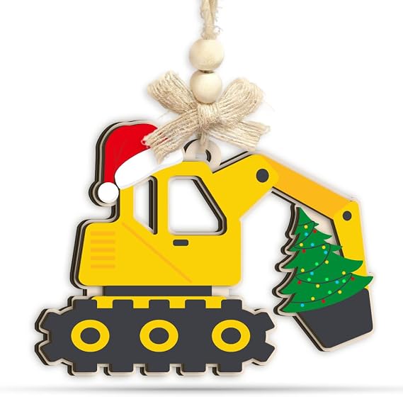 Excavator Christmas Ornament Funny Construction Truck Ornaments, 2 Layer Wood - Excavator with Santa Hat Decoration, for Kids, Boys, Builders & Construction Lovers
