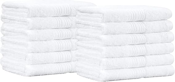 Amazon Basics Highly Absorbent Cotton Washcloths for Bathroom, Soft, Machine Washable, Fade-Resistant, 12 x 12 in, White, 12-Pack
