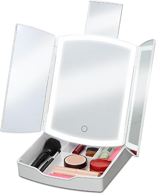 iHome Vanity Mirror with Lights and Makeup Organizer, Travel Mirror with Three Color Light Modes iCVS30
