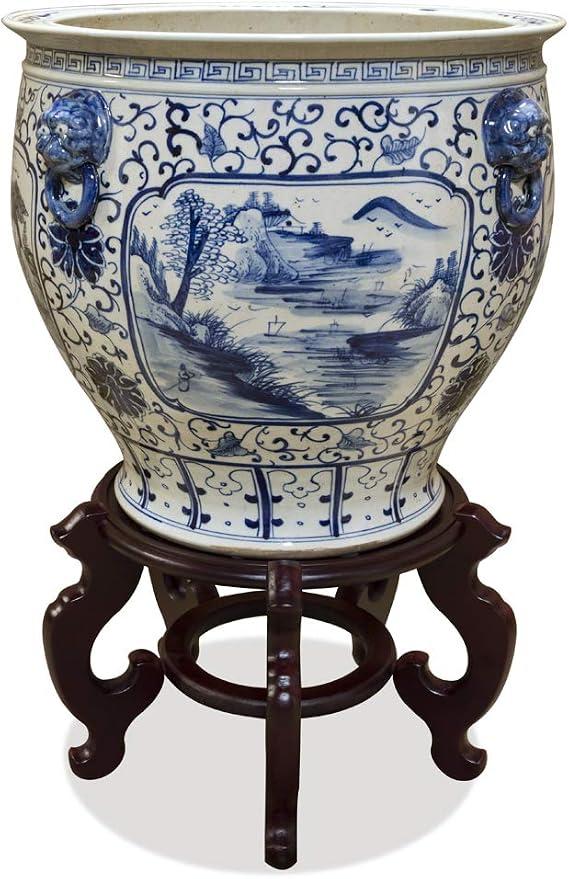 16.5 Inch Blue and White Porcelain Scenery Motif Chinese Fishbowl Planter