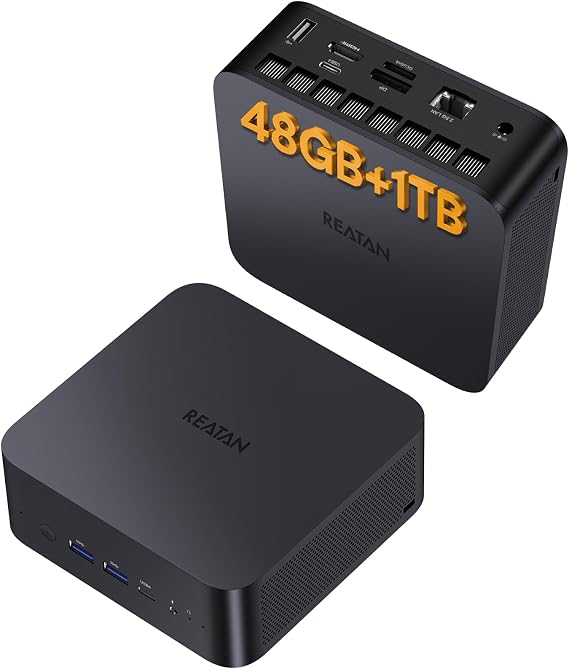 Reatan Gaming Mini PC,AMD Ryzen 7 255 (Beat 8745H,8C/16T, up to 4,9 GHz) Radeon 780M Equipped with Crucial 48GB RAM DDR5 + 1TB SSD 8K Quad-Screen Display USB4.0/ OCulink/WiFi 7 Business Games Home
