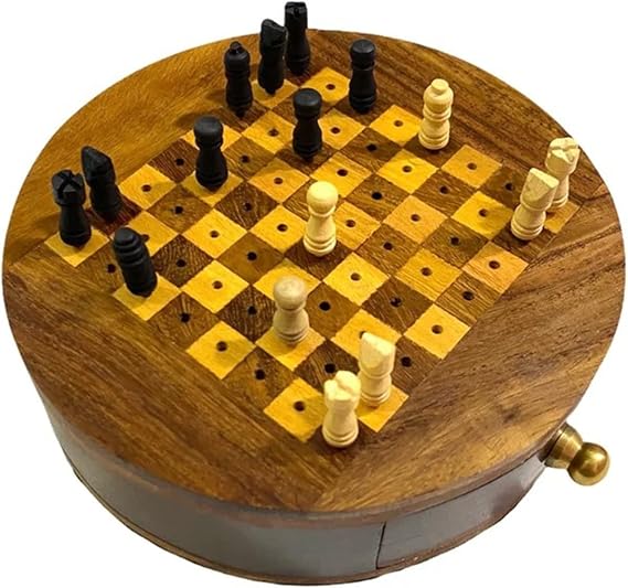 Personalized Handmade Wooden Round Mini Chess Board Game/Pocket Travelling Chess/Best for Gift by The Modern Miracles (with Engraving)