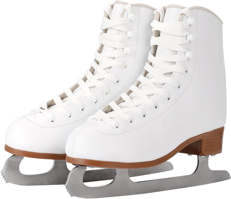 Figure Ice Skates for Beginners - White Comfortable Leather Ice Skates for Women, Men, Boys & Girls (Size Up 1 Size) (White, Womens Size-8.5/Mens Size 7)