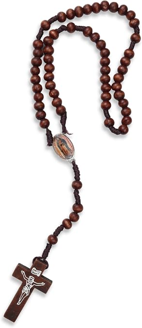 Needzo - Our Lady of Guadalupe Catholic Cord Rosary, Wood Brown Beads and INRI Crucifix Pendant, 11.5"
