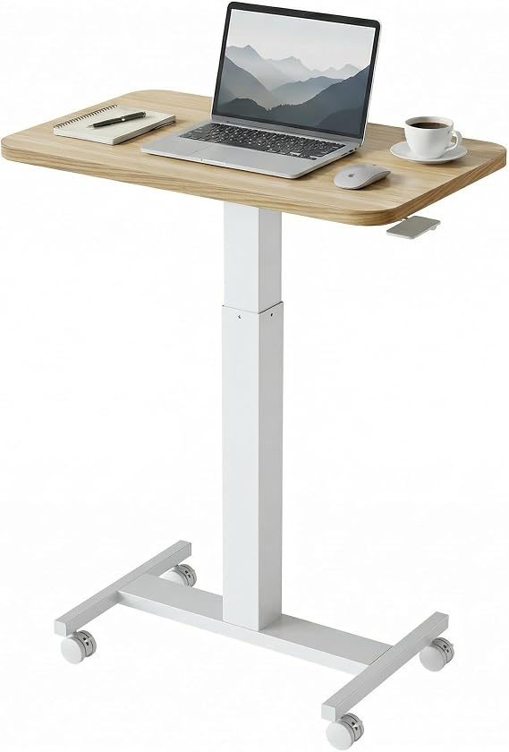 HUANUO Small Rolling Laptop Standing Desk, Height Adjustable Mobile T-Base Desk with Lockable Casters, Portable Sit-Stand Workstation for Bedside & Sofa, Light Walunt