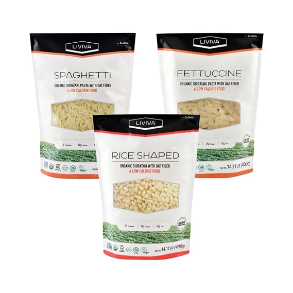 LIVIVA Shirataki Konjac Variety Pk (1 Rice 1 Spaghetti 1 Fettuccine) Diabetic-Friendly Low Carb, Low Calorie Pasta Noodles Ready to Serve No Odor, Certified Non-GMO, Gluten Free, Vegan, Plant-Based, Keto, Kosher, Halal