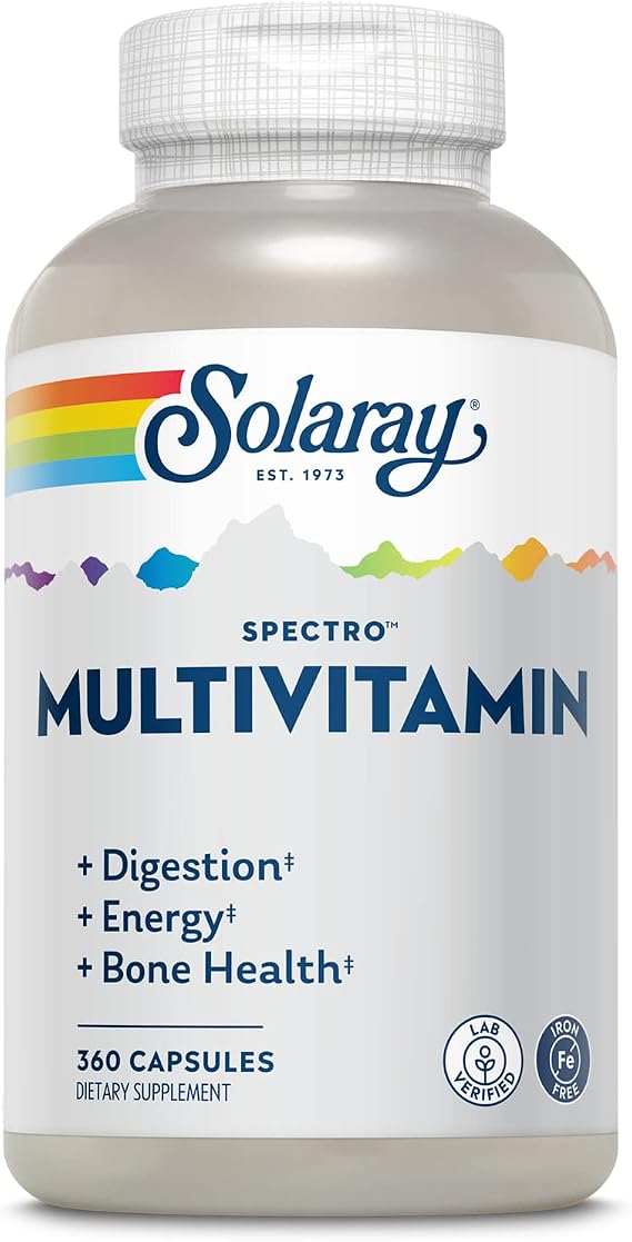 SOLARAY Spectro Multivitamin, Iron Free - Multi Vitamin w/Calcium, Magnesium, Energizing Greens, Digestive Enzymes - Digestion, Cellular Energy, Bone Health, Immune Support, 60 Servings, 360 Capsules