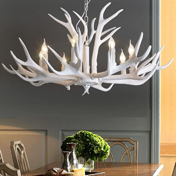 Chandelier, Deer Antler White Chandelier Lighting 6 Light Farmhouse Rustic Resin Pendant Light Candle Style Dining Room Hanging Ceiling Light