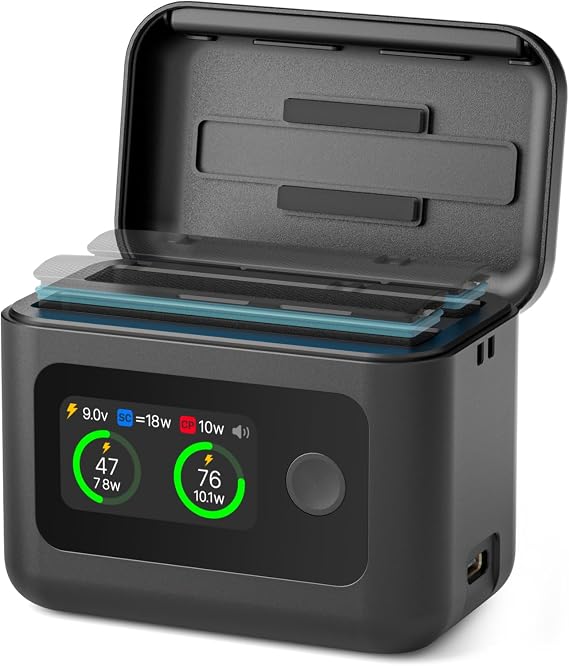 SYMIK Battery Charger for Insta360 X5, 27W Dual-Slot PD Fast Charging Case for Insta 360 X5 Battery, Intelligent Two Way Charger Hub for Insta360 X5 Accessories, LCD Display Shows Battery Level