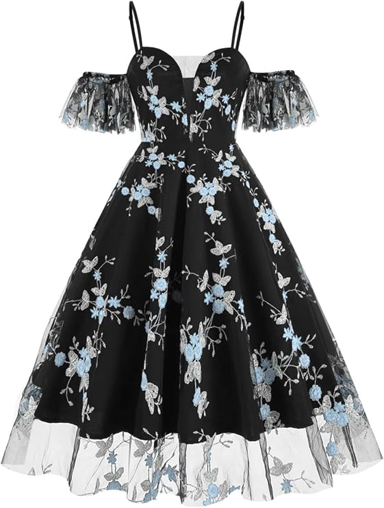 Women Vintage Floral Embroidered Mesh Dress Spaghetti Strap Party Midi Dresses
