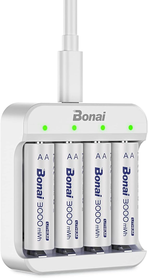 BONAI 1.5V AA Rechargeable Lithium Batteries, 3000mWh, 4-Pack with USB-C Charger