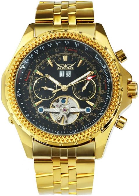 JARAGAR Golden Stainless Steel Tourbillion Design Calendar Display Mens Watches Brand Luxury Automatic Mechanical Wrist Watch