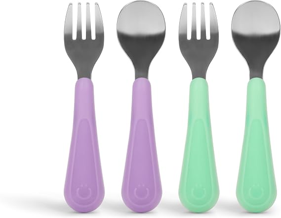 Ubbi Toddler Stainless Steel Fork & Spoon Set, 4-Pack, Purple & Green