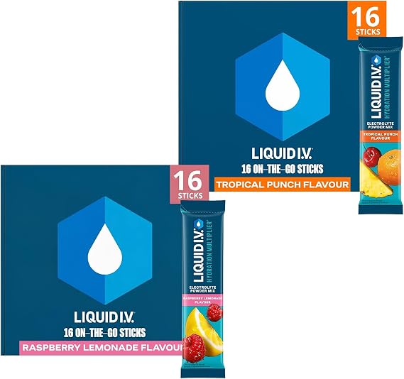 Liquid I.V. Hydration Multiplier Electrolyte Mix, Variety Pack, 32 Sticks | Raspberry Lemonade & Tropical Punch Electrolyte Powder with 7 Vitamins & Minerals for Fast Hydration & Energy, Monthly Pack