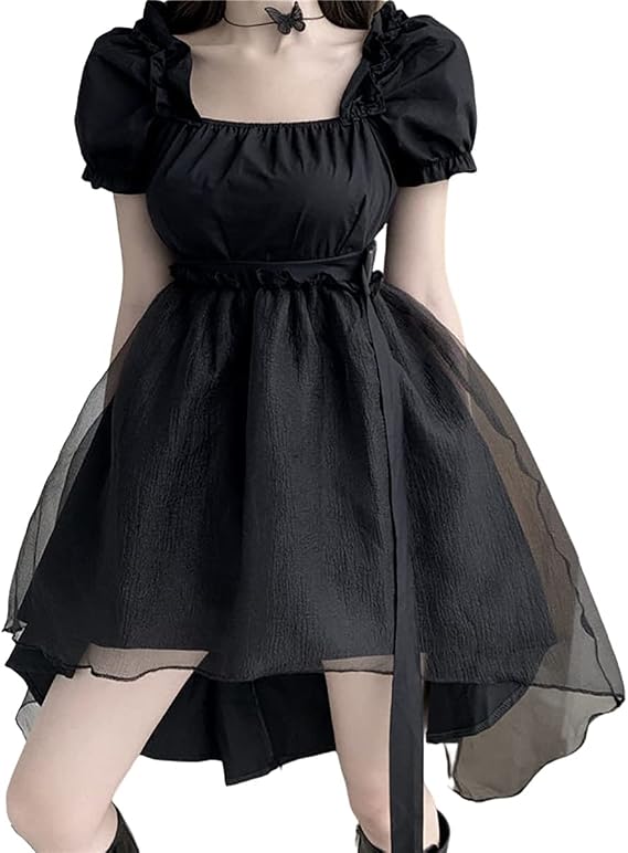 Gothic Black Dress Korean Fairy Gauze Fluffy Sleeve Dress Harajuku Retro Summer Short Sleeve Dress