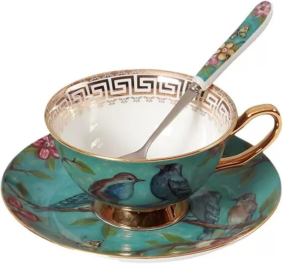 Bone China Cup& Saucer Set, 6.8oz- Birds& Trees (Blue)