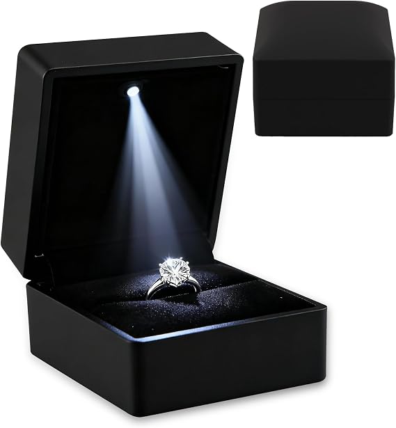 Ring Box with LED Light Ring Earring Case for Jewelry Display Gift Luxury Auto Lighted Up for Proposal Wedding Engagement Anniversary Couple for Ring up to 2.3 cm (Black, Square 6× 6.5 ×5 cm)