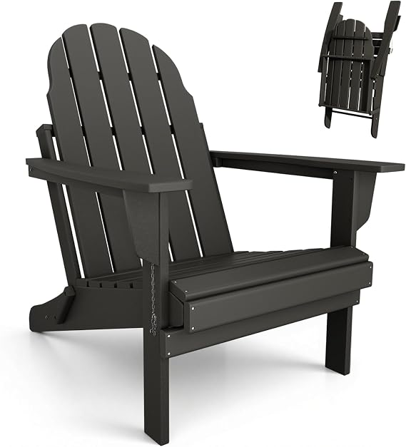 Mdeam Folding Adirondack Chair, Weather Resistant HDPE Garden Chair, Black