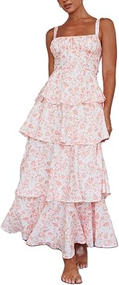 Women Boho Floral Maxi Dress Spaghetti Strap Deep V Neck Lace Sheer Backless Long Ruffle Flowy Dresses Sundress