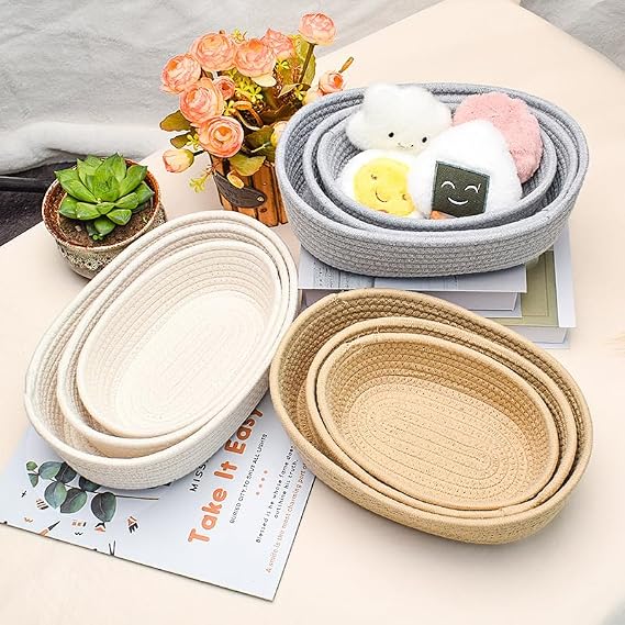 Cotton Rope Storage Baskets Set of 3 - Woven Storage Baskets for Organization, Available in White Grey Beige (White)