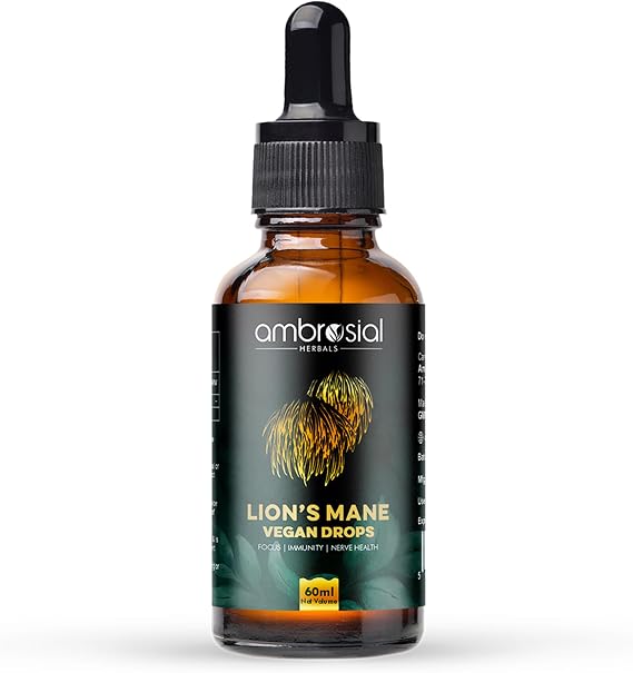 Ambrosial Lion’s Mane Supplement Liquid Drops 60ml – 800mg / 2ml - 30 Servings - Vegan Natural Mushroom Extract Liquid Supplement with MCT Oil – Herbal Tincture in Dropper Bottle