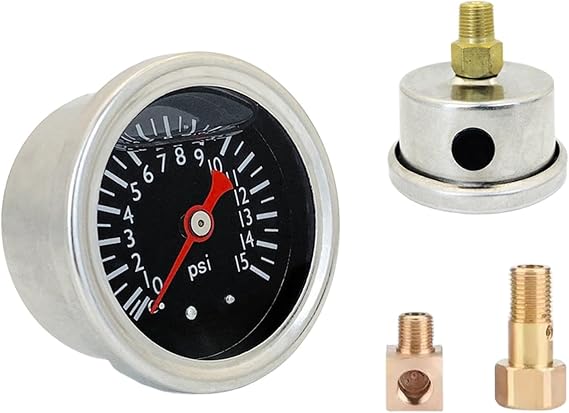 Inline Fuel Pressure Gauge 0-15 PSI, 1.5 Inch Oil-Filled Metal Housing, 1/8 NPT Back Mount for Automotive Car Truck, Silver