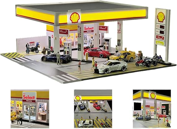 Palapozzy Shell Gas Station Miniature Display, 1/64 Scale Detailed Diorama Garage with LED Lighting, Compatible Architecture Model for DIY Car Collection Scene (Cars & Figures not Included)