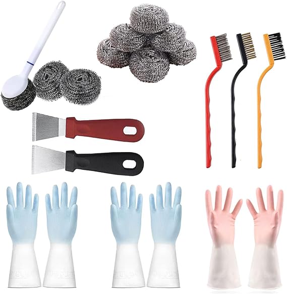 Kitchen Cleaning kit, 3 Pairs Reusable Waterproof Household Dishwashing Cleaning Gloves, 6 PCS Steel Wool Scrubbers with Handle, 5 PCS Crevice Cleaning Brush Set.
