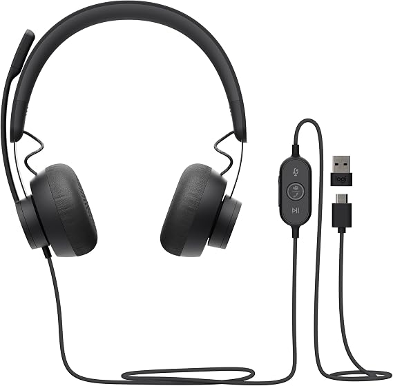 Logitech Wired USB Headset, Microsoft Teams Certified, Noise Cancelling, Microphone Included, Zone Wired ZoneWMS Zoom Skype Compatible, USB-C Mac, PC Headphones, Computer Headphones, Black