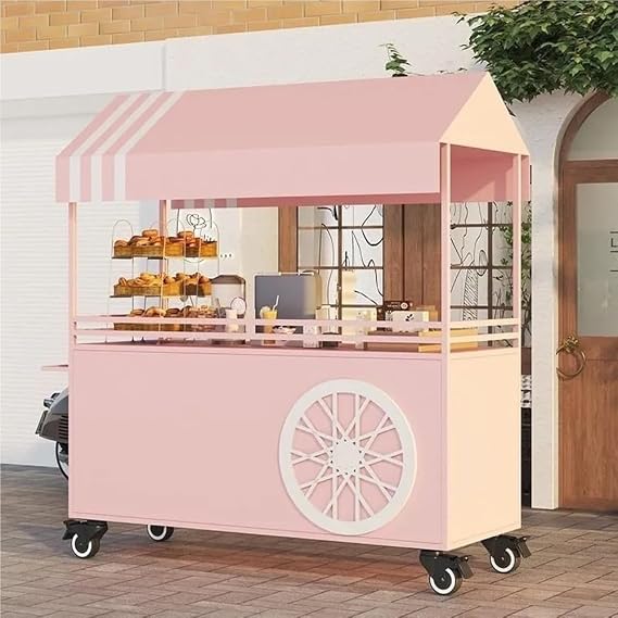 Mobile Vendor Cart with Canopy, Portable Metal Food Display Stand, Market Stall with Wheels, Business Dessert Cart for Food Events, Festivals(Pink,39.4" L(With handle))