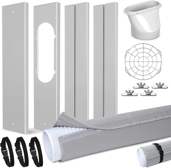 Complete Package: This portable air conditioner kit  with 2 x 43cm/17" fixing plates, 2 x 43cm/17" adjustable plates, 1 hose coupler filter, 1 x 5.9" hose adaptor, 1 roll of sealing tape, 4 screw