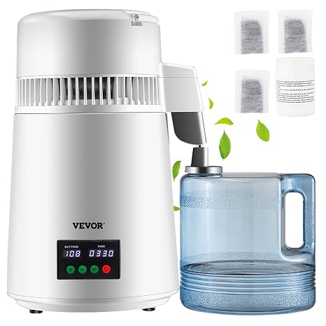 VEVOR 1.1Gal Water Distiller, 0.3Gal/H, Distilled Water Maker Machine 750W 0-99H Timing Set Temp Display, 304 Stainless Steel Countertop Distiller Plastic Carafe Cleaning Powder 3 Carbon Packs, White
