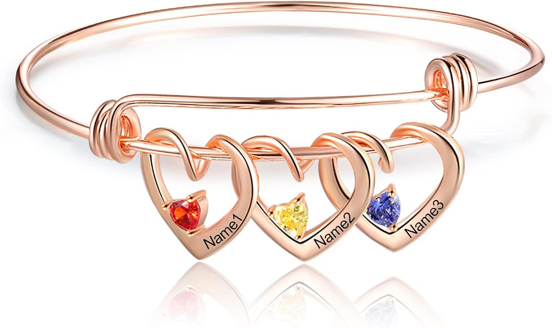 Nameinhea Custom Name Bracelets with 3 Hearts Simulated Birthstones Free Engraved Personalized Bangle Bracelets for Women (Rose gold)