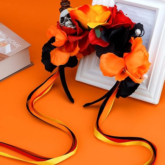 Atoden Flower Crown Day of the Dead Rose Headbands Skull Floral Crown Mexican Headpiece with Ribbon for Women Girls Red Black Orange