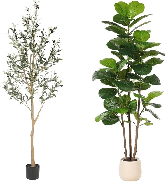 Realead 6ft Artificial Olive Tree + 6ft Fiddle Leaf Fig Tree Artificial with Tall Exquisite Planter