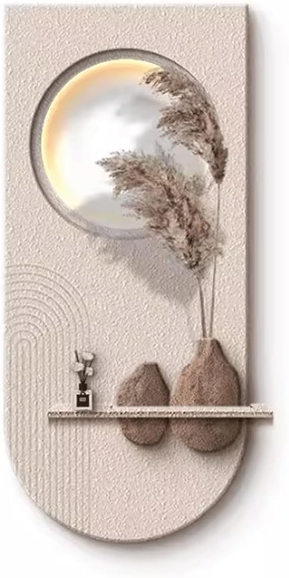Wall Sculpture Sandstone 3D Wall Art Decor with LED Lights Simulated Reed Wall Lamp Painting Wabi-Sabi Style Wall Sculpture for Entrance Hallway Living Room Bedroom Office