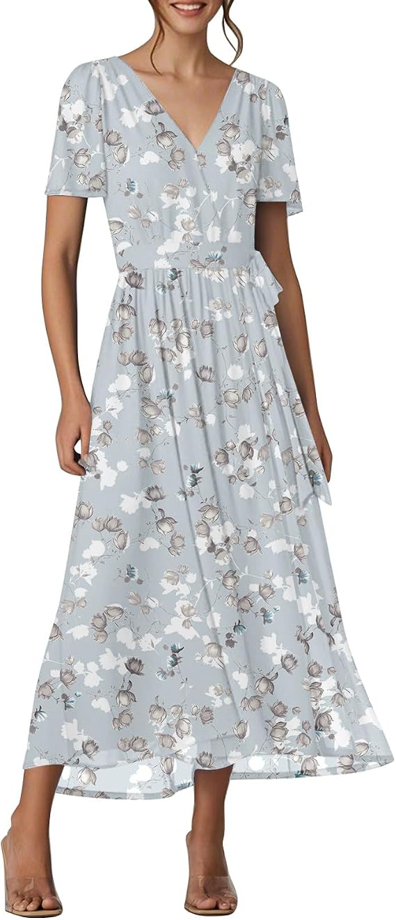Maxi Dresses for Women 2025 Summer Floral V Neck Long Dresses Trendy Short Sleeve Wrap Dress Chiffon Beach Dress
