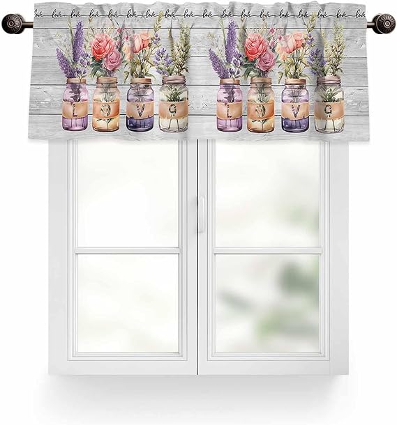 Valance Curtain for Kitchen Valentine's Day Roses Lavender Love Glass Vase Wood Grain Rod Pocket Tier Curtains Window Treatments for Kitchen Bathroom Bedroom,42x12Inch