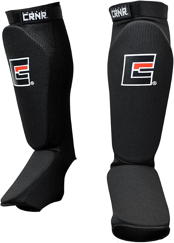 Combat Corner Slip On Elastic Muay Thai Shin Guards Kickboxing, MMA Sparring and Training Protective Instep Shin Pads