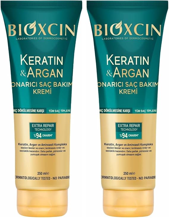 Bioxcin Keratin & Argan Onarıcı Saç Bakım Kremi – Yıpranmış ve Hasar Görmüş Saçlar İçin – 250 ml – BioComplex B11, Hidrolize Keratin ve Argan Yağlı (2 paketi)