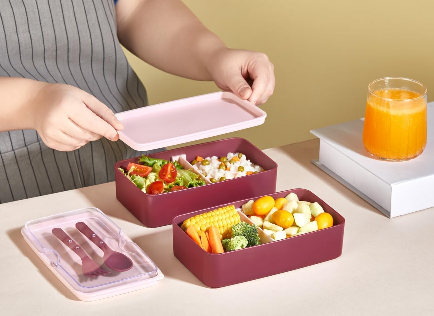 Rotanev 2 Tiers Microwave Compatible Food Storage Container Nutrition Box Athlete Student School Workplace Lunch Box Purple
