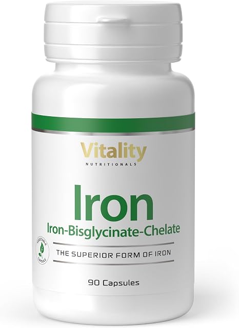 Vitality Nutritionals Iron Capsules High Dose in Highly Bioavailable Form Iron Bisglycinate Chelate Optimised with Copper and Vitamin C (Pack of 90) 3 Month Supply Ferritin Value Dietary Supplement
