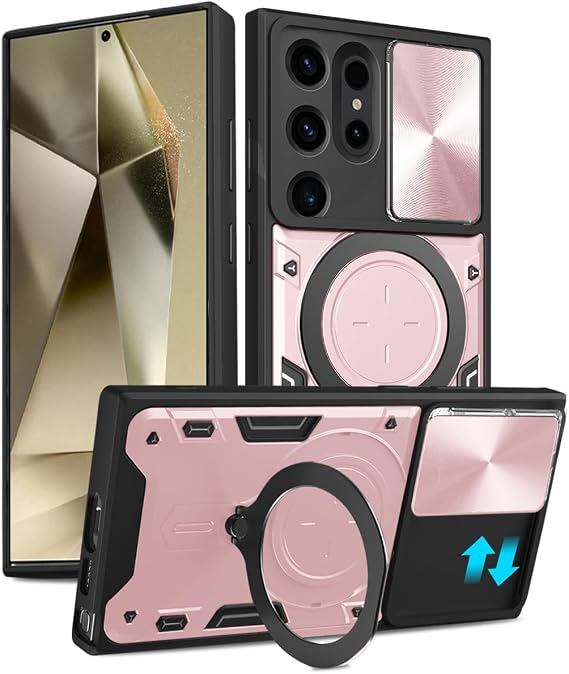 Galaxy S24 Ultra 5G Case,Designed for Samsung 24S Ultra Phone Cases with Camera Lens Protector,Invisible Magnetic Car Mount Kickstand,Military Grade Heavy Duty Shockproof Cover for Women Rose Gold