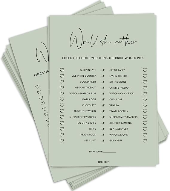 GardenCity Would She Rather Bridal Shower Game Cards for 50 Guests Sage Green