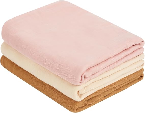 MIGIOL swaddles for Newborns Muslin Swaddle Blankets Baby Essentials for Newborn 47 X 47inches 3 Packs Receiving Blankets (Pink & Coffee 3 Pieces)